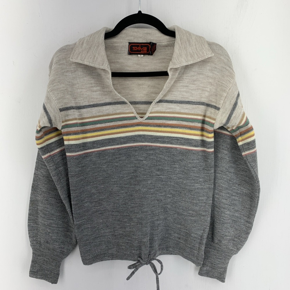 Vintage Skiva Int Womens Large Sweater Beige Boho Striped Shawl Collar Retro 70s
